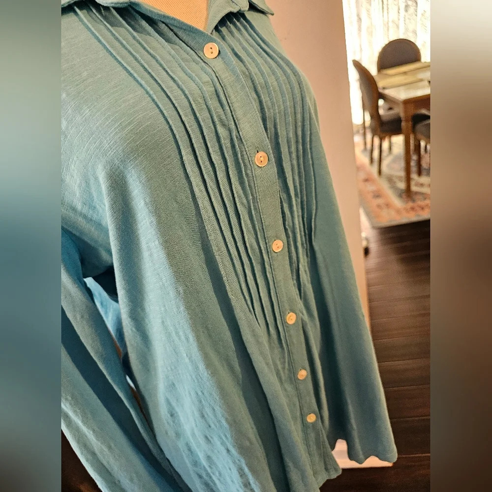 J. Jill Size Large Blue Pintucked Slub Shirt Button Front Long Sleeve Casual - Picture 5 of 10